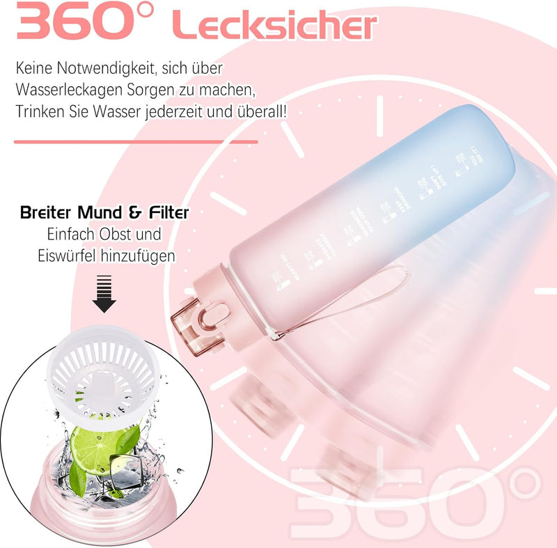 Trinkflasche, 1L Wasserflasche Bpa-Frei, Trinkflasche Sport Auslaufsicher, Sportflasche Mit Zeitmarkierung Für Fitness, Büro, Schule, Yoga, Outdoor