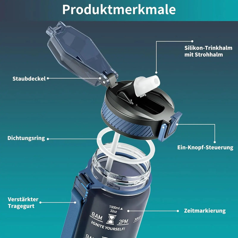 Trinkflasche, 1L Bpa-Frei Tritan Wasserflasche Mit Strohhalm, Trinkflasche Sport Auslaufsicher Mit Zeitmarkierung Und Bürste, Sportflasche Für Fitness, Schule, Yoga, Outdoor(1 Flasche)