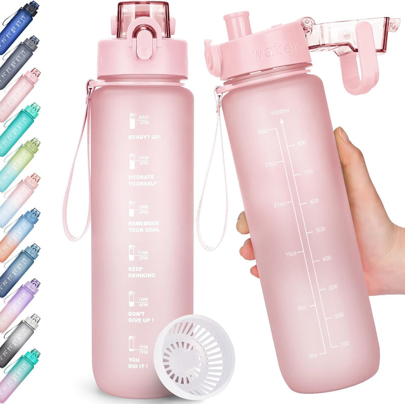 Trinkflasche, 1L Wasserflasche Bpa-Frei, Trinkflasche Sport Auslaufsicher, Sportflasche Mit Zeitmarkierung Für Fitness, Büro, Schule, Yoga, Outdoor