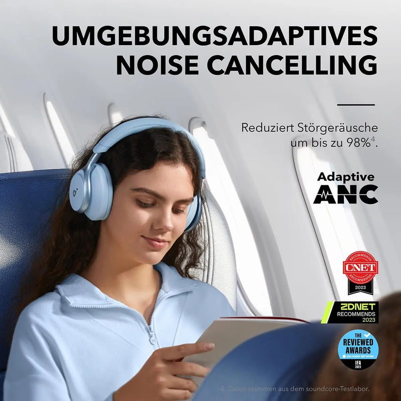 Soundcore by Anker, Space One Kabellose Over-Ear Bluetooth Kopfhörer, Aktives Noise Cancelling, 2X Stärkere Stimmunterdrückung, 40H Wiedergabe, App, Hi-Res Audio, Bluetooth 5.3 (Himmelblau)