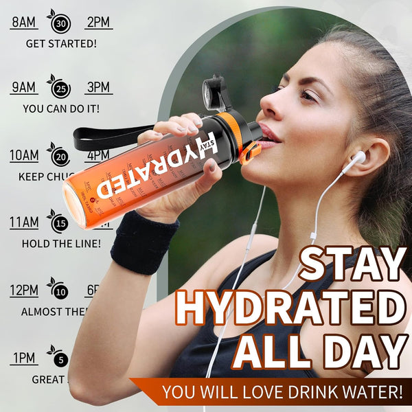 Trinkflasche, 1L Wasserflasche Auslaufsicher Bpa-Frei Aus Tritan, 1 Liter Trinkflasche Sport Mit Zeitmarkierung Und Abnehmbare Schnürung, Flasche Für Fitnessstudio, Oudoor, Gym, Schule