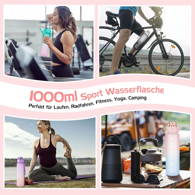 Trinkflasche, 1L Wasserflasche Bpa-Frei, Trinkflasche Sport Auslaufsicher, Sportflasche Mit Zeitmarkierung Für Fitness, Büro, Schule, Yoga, Outdoor