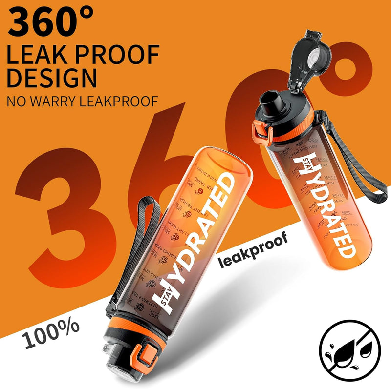 Trinkflasche, 1L Wasserflasche Auslaufsicher Bpa-Frei Aus Tritan, 1 Liter Trinkflasche Sport Mit Zeitmarkierung Und Abnehmbare Schnürung, Flasche Für Fitnessstudio, Oudoor, Gym, Schule