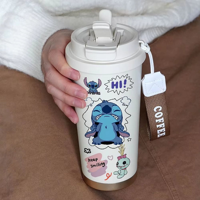 600ML Kawaii Stitch Anime Straw Cup 304 Stainless Cartoon Thermos Cup Portable Double Drinking Water Bottle Gifts for Boys Girls