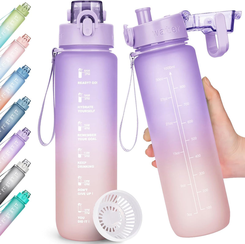 Trinkflasche, 1L Wasserflasche Bpa-Frei, Trinkflasche Sport Auslaufsicher, Sportflasche Mit Zeitmarkierung Für Fitness, Büro, Schule, Yoga, Outdoor