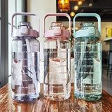 2L Portable Water Bottle Large Capacity Plastic Straw Water Cup Drink Bottle with Time Marker for Outdoor Sports Fitness