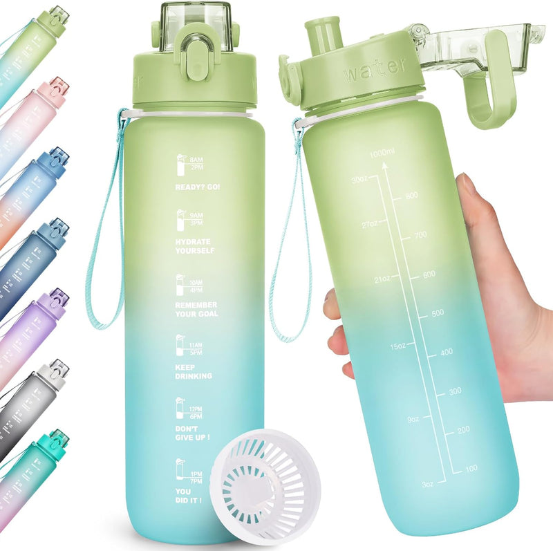 Trinkflasche, 1L Wasserflasche Bpa-Frei, Trinkflasche Sport Auslaufsicher, Sportflasche Mit Zeitmarkierung Für Fitness, Büro, Schule, Yoga, Outdoor