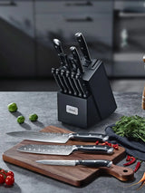Küchenmesserset Edelstahl mit Akazienholz Messerblock 14-teiliges & integriertem Messerschärfer – Profi-Messer-Set für Küche & Haushalt - Homestro