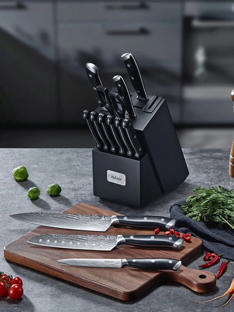 Küchenmesserset Edelstahl mit Akazienholz Messerblock 14-teiliges & integriertem Messerschärfer – Profi-Messer-Set für Küche & Haushalt - Homestro