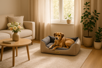 A warm, stylish living room styled for a magazine editorial. A medium-sized dog is resting comfortably in a chic Ferplast dog bed, placed near a sunlit window with soft curtains. Around the bed are subtle design details: a textured rug, a minimalist coffee table with a vase of fresh flowers, and greenery in ceramic pots. The mood is cozy, modern, and family-friendly — highlighting the dog bed as both a functional and stylish part of the home
