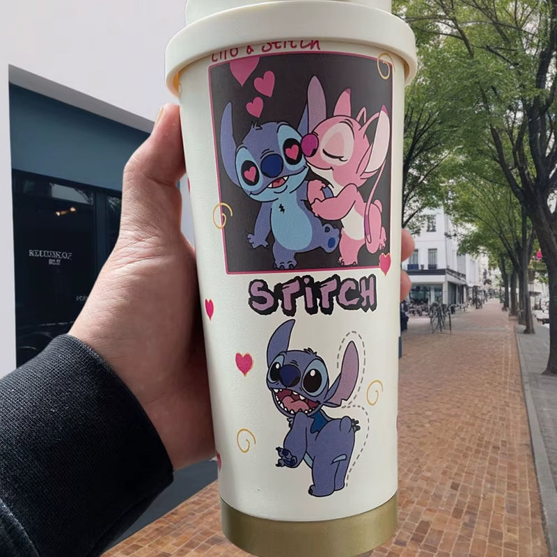 600ML Kawaii Stitch Anime Straw Cup 304 Stainless Cartoon Thermos Cup Portable Double Drinking Water Bottle Gifts for Boys Girls