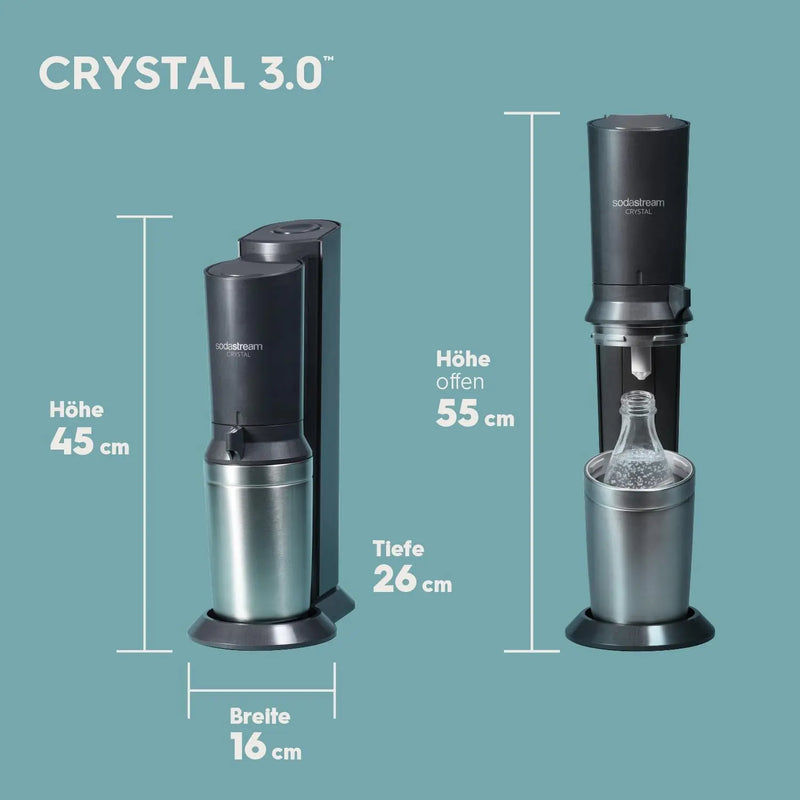Sodastream Wassersprudler CRYSTAL 3.0 Mit Quick-Connect Co2-Zylinder| Inkl. 2X 0,8L CRYSTAL Glasflasche | Farbe: Titan