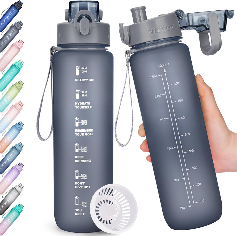 Trinkflasche, 1L Wasserflasche Bpa-Frei, Trinkflasche Sport Auslaufsicher, Sportflasche Mit Zeitmarkierung Für Fitness, Büro, Schule, Yoga, Outdoor