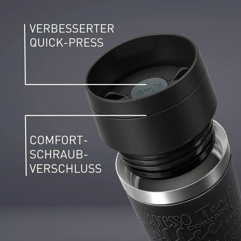 Emsa N20202 Travel Mug Classic Isolierbecher 0,36 Liter | Neuer Komfort-Schraubverschluss | Edelstahl | 4H Heiß Und 8H Kalt | 100% Dicht | Spülmaschinenfest | 360°-Trinköffnung | Schwarz