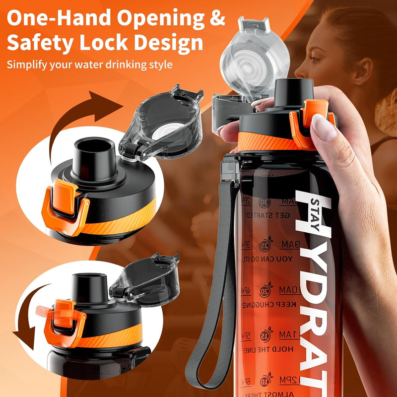 Trinkflasche, 1L Wasserflasche Auslaufsicher Bpa-Frei Aus Tritan, 1 Liter Trinkflasche Sport Mit Zeitmarkierung Und Abnehmbare Schnürung, Flasche Für Fitnessstudio, Oudoor, Gym, Schule