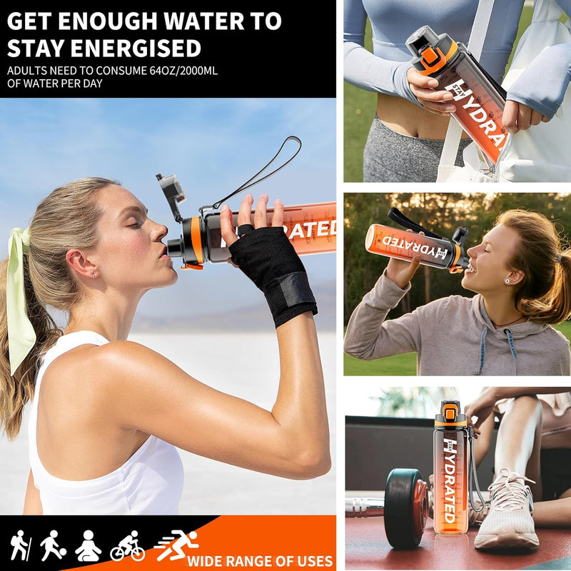 Trinkflasche, 1L Wasserflasche Auslaufsicher Bpa-Frei Aus Tritan, 1 Liter Trinkflasche Sport Mit Zeitmarkierung Und Abnehmbare Schnürung, Flasche Für Fitnessstudio, Oudoor, Gym, Schule