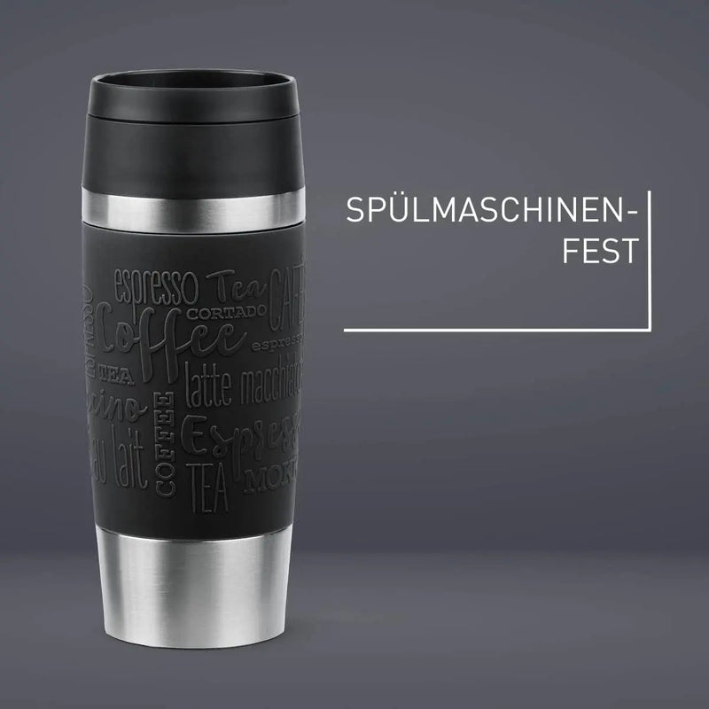 Emsa N20202 Travel Mug Classic Isolierbecher 0,36 Liter | Neuer Komfort-Schraubverschluss | Edelstahl | 4H Heiß Und 8H Kalt | 100% Dicht | Spülmaschinenfest | 360°-Trinköffnung | Schwarz