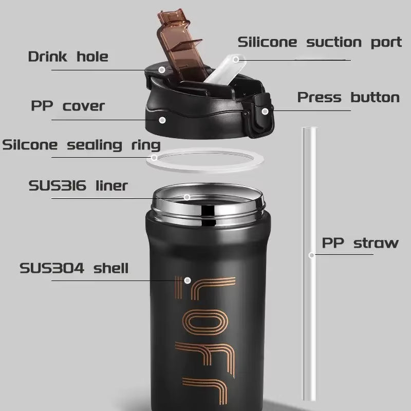 600Ml/21Oz Thermal Coffee Mug with Straw Double Wall Insulated Sublimation Tumble Leakproof Water Thermos Portable Coffee Cup